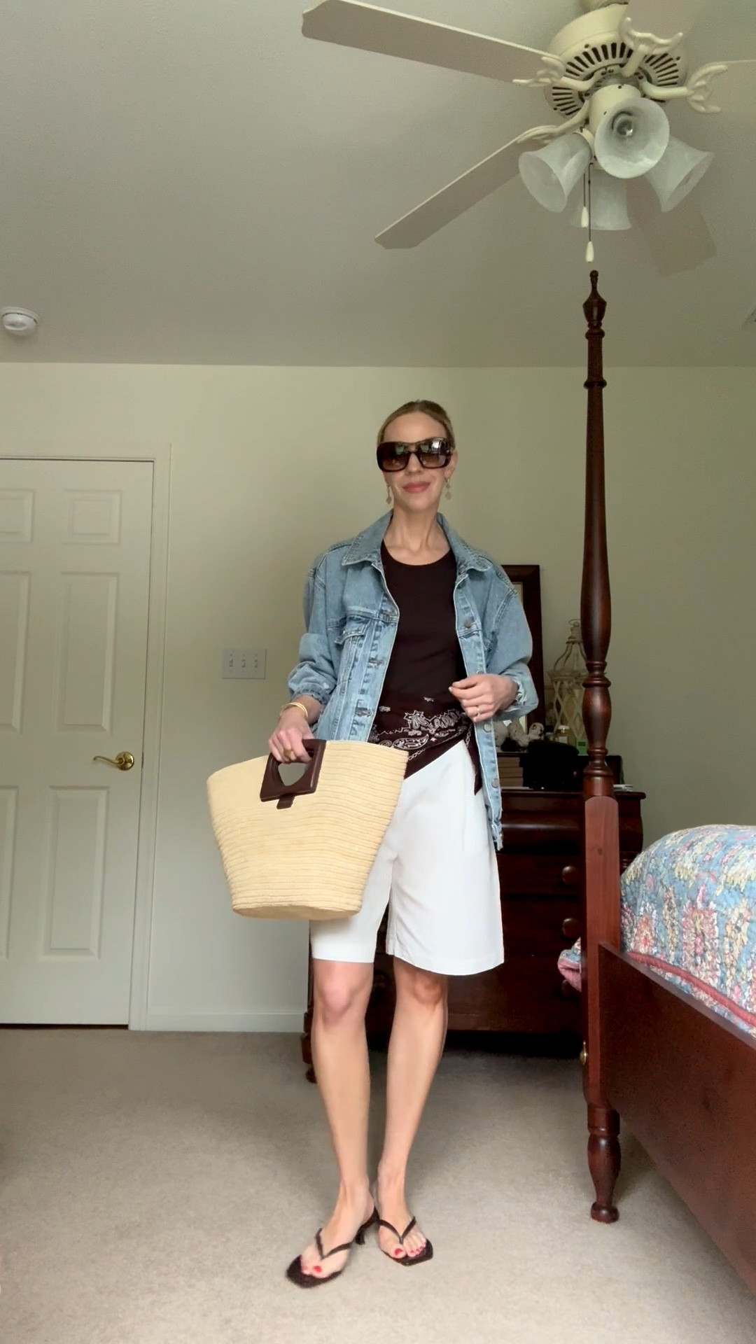 Summer outfit with oversized denim jacket, white linen bermuda shorts, @Madewell brown bandana scarf, Le Tanneur straw tote bag

#LTKSaleAlert #LTKOver40 #LTKSeasonal