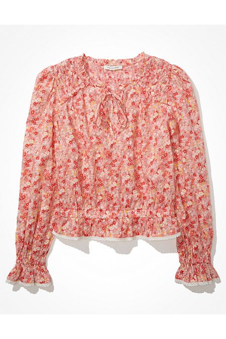AE Long-Sleeve Smocked Blouse | American Eagle Outfitters (US & CA)