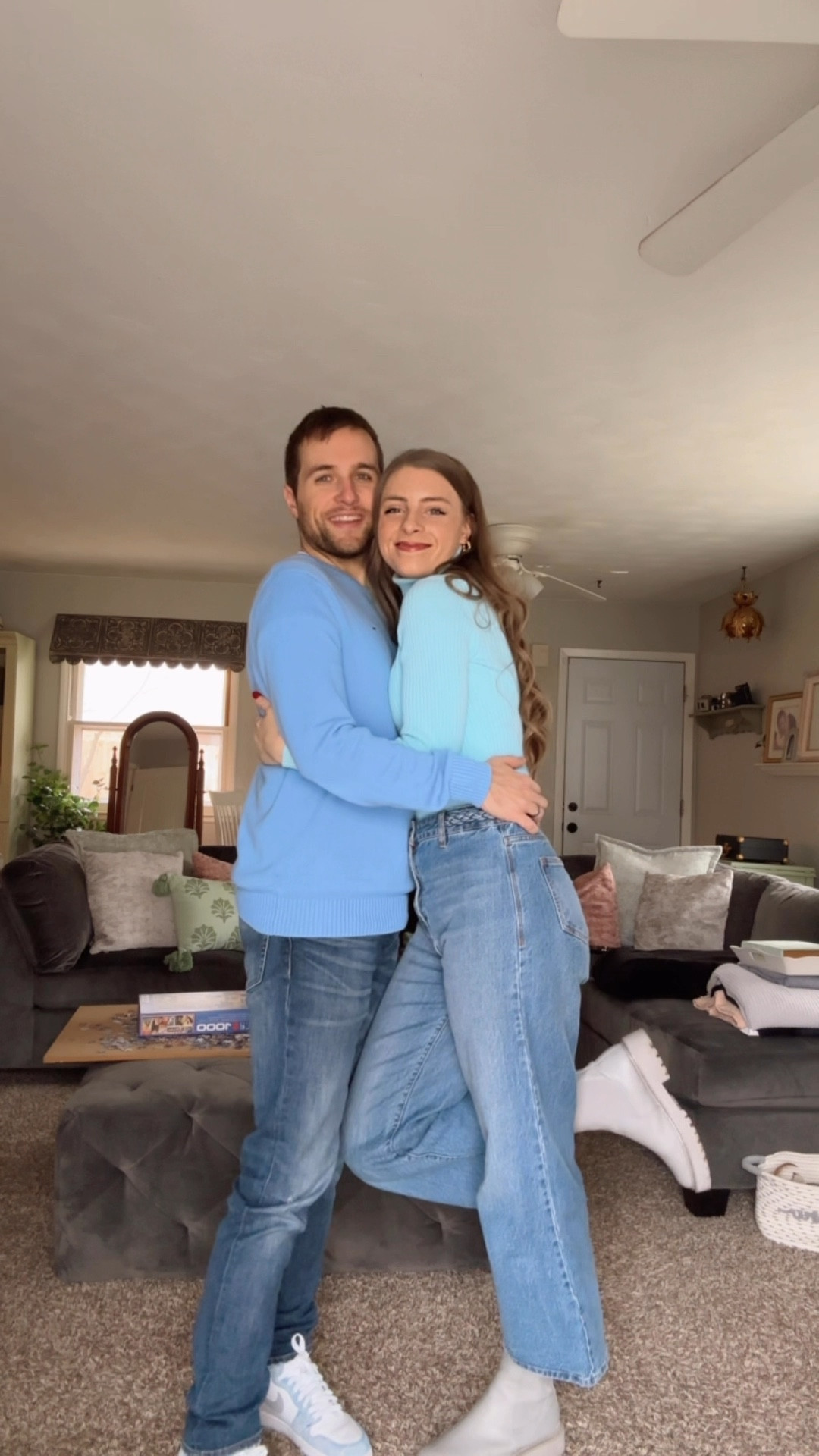 Couples ootd 2/9/25

Aqua colored sweater, light blue ribbed turtleneck sweater, high waisted braided waist denim, wide leg cropped jeans, gray ankle boots, Sam Edelman Laguna Chelsea boot, men’s vineyard vines crewneck sweater, light blue men’s sweater, men’s straight leg jeans, American Eagle denim, Nike Jordan 1 high tops