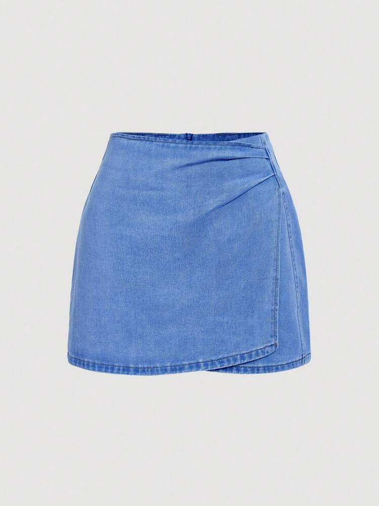 SHEIN MOD Plus Size Solid Color Pleated Wrap Around Denim Skirt,Women's Pleated Asymmetric Hem Short Casual Denim Mini Skirt,Back To School Skirt,Fall Women Clothes,Business Casual Woman,Birthday Skirt For Women,Skirt For Women Elegant,Y2k Clothes Women,Brunch Outfits For Women,Going Out Outfits | SHEIN
