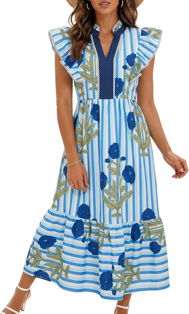 Wenrine Womens 2026 Summer Dresses V Neck Ruffle Cap Sleeve Empire Waist Flowy Floral Striped Bea... | Amazon (US)