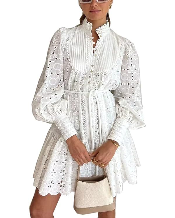 tiptupu Women's Bohemian Floral Print Button Down Long Lantern Sleeve Shift Tunic Dress Casual Ru... | Amazon (US)