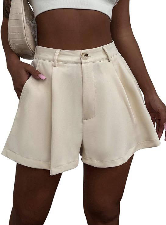 Floerns Women's Casual Solid High Waisted Wide Leg Shorts with Pockets | Amazon (US)