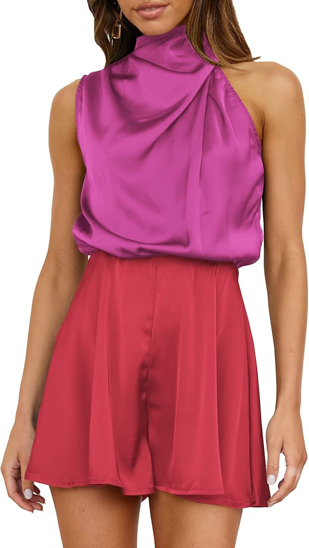 BTFBM Women's Mock Neck Summer Romper Satin Sleeveless Elastic Waist Casual Beach Party One Piece... | Amazon (US)