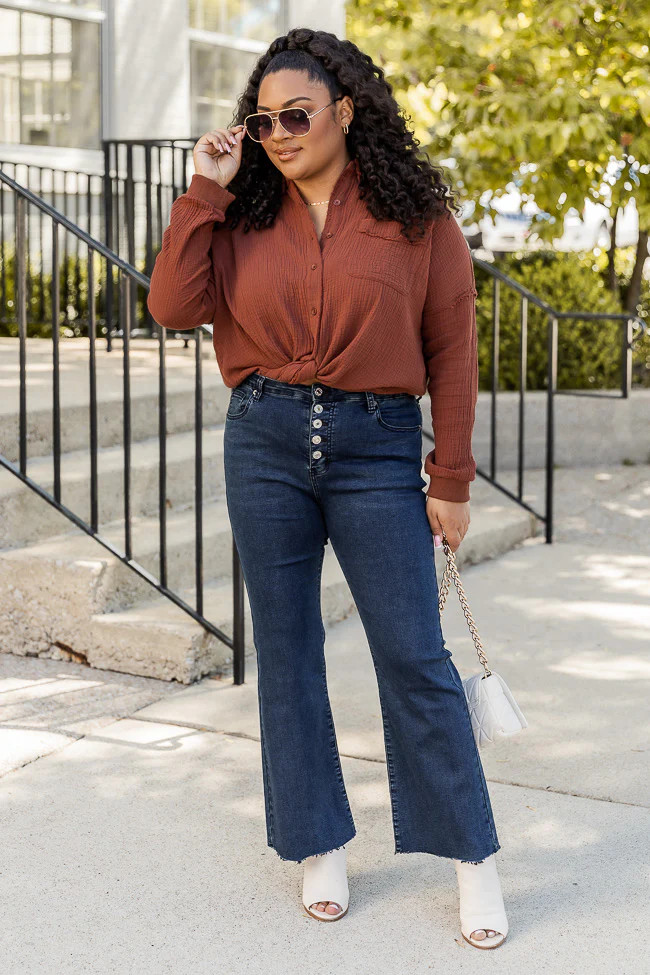 Adeline Dark Wash Button Fly Straight Leg Jeans | Pink Lily