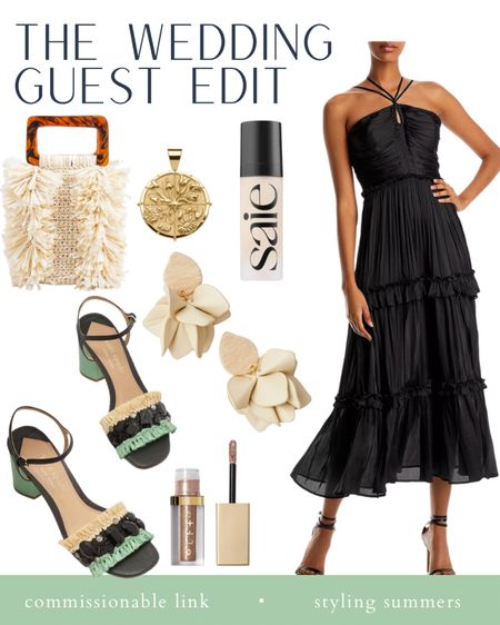 Wedding guest dress ideas! Black dress wedding guest accessories shoes bag earrings