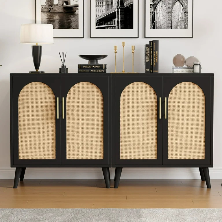 Rovaurx Set of 2 Rattan Storage Cabinet with Doors, Accent Bathroom Floor Cabinet, Modern Sideboa... | Walmart (US)