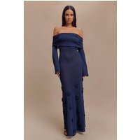 Kiki Off Shoulder Knit Rose Maxi Dress - Navy | MESHKI US