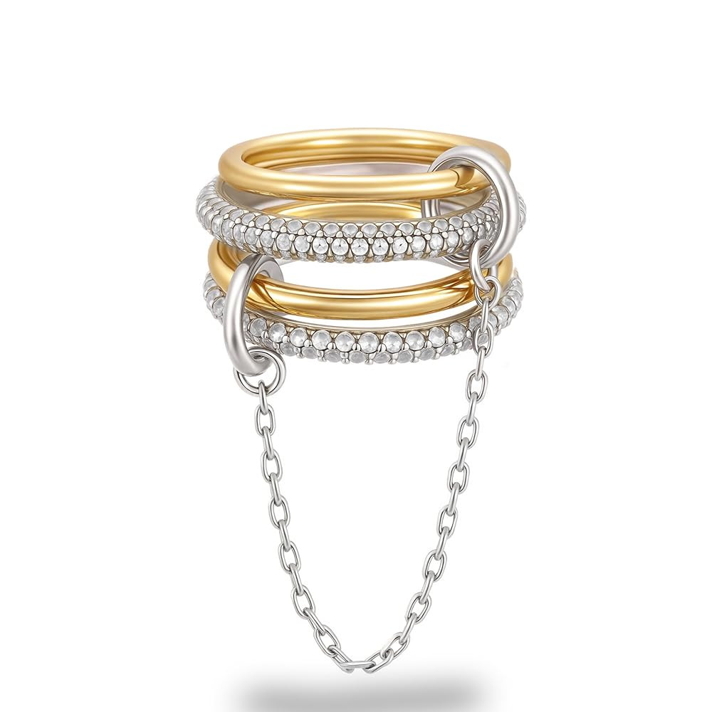 Gold Stackable Rings for Women, 14k Gold Plated Linked Chain Ring Set, Statement Cubic Zirconia I... | Amazon (US)