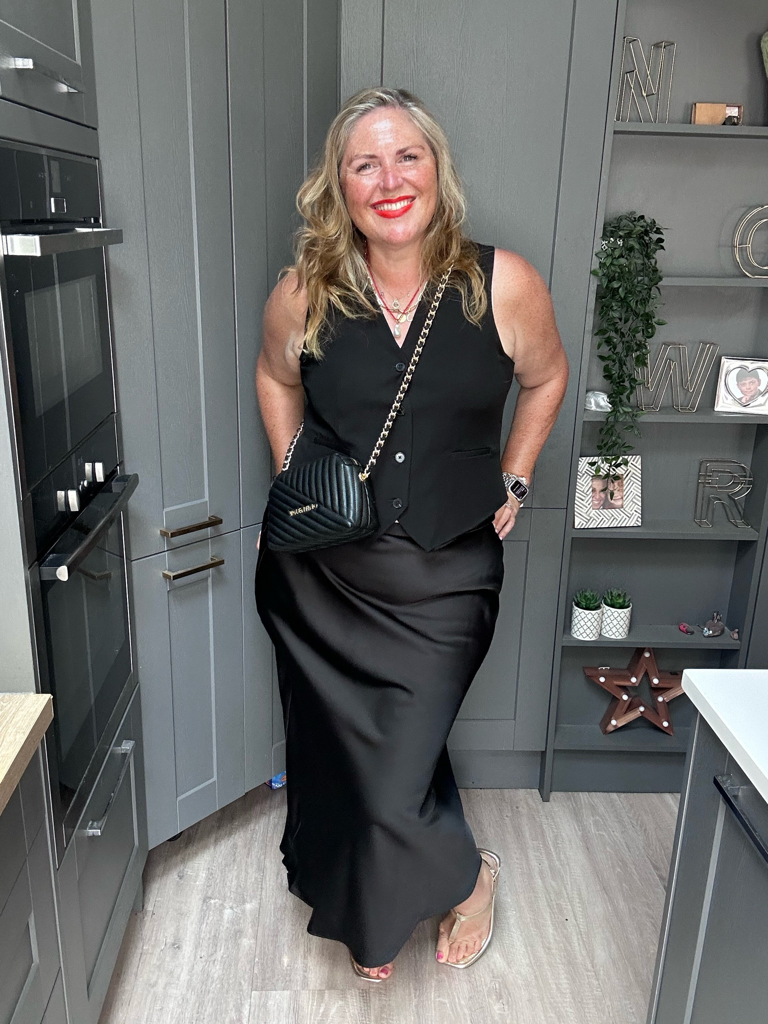 Black waistcoat, black satin maxi skirt, black shoulder bag, gold sandals 

#LTKuk #LTKplussize #LTKcurves