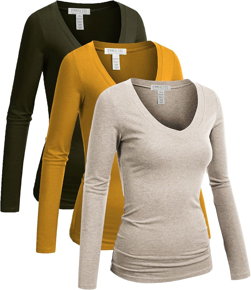 Emmalise Women's Junior and Plus Size Vneck Tshirt Long Sleeves Shirt Tee | Amazon (US)