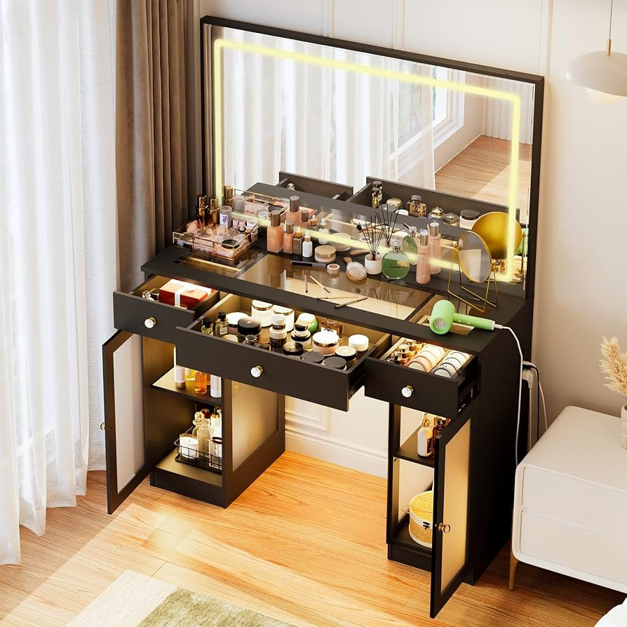 Pamapic Makeup Vanity with Crystal Knobs, Glass Top Vanity Desk with Mirror and Lights, Power Out... | Amazon (US)