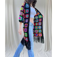 Crochet Granny Square Cardigan - Vintage Black Long Knit Jacket, Retro Women's Clothing, Boho Festival Coat, Unique Gifts For Her | Etsy (US)