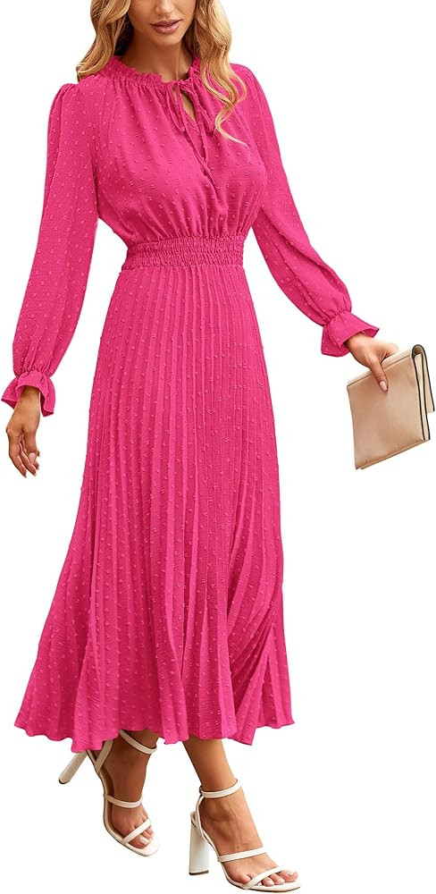 PRETTYGARDEN Women's 2026 Spring Fall Midi Dress Casual Long Sleeve V Neck Swiss Dot Pleated A Li... | Amazon (US)