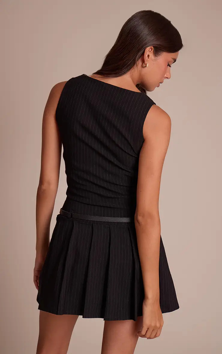 Black Pinstripe Stretch Woven Boat Neck Belted Shift Dress | PrettyLittleThing UK