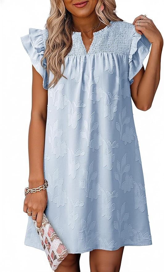 Dokotoo Womens Summer Dresses 2026 Ruffle Short Sleeve Casual V Neck Smocked Floral Burnout Mini ... | Amazon (US)