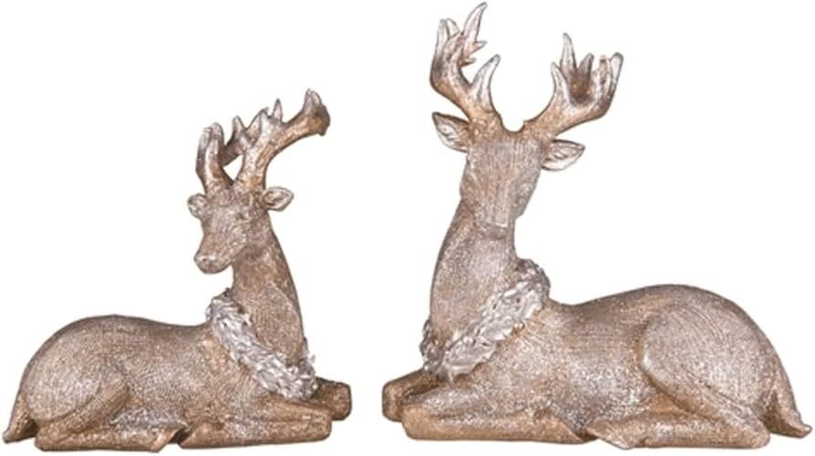 Gold Tone Glitter Small Sitting Reindeer 7.5 x 5.5 Resin Christmas Figurine Set of 2 | Amazon (US)