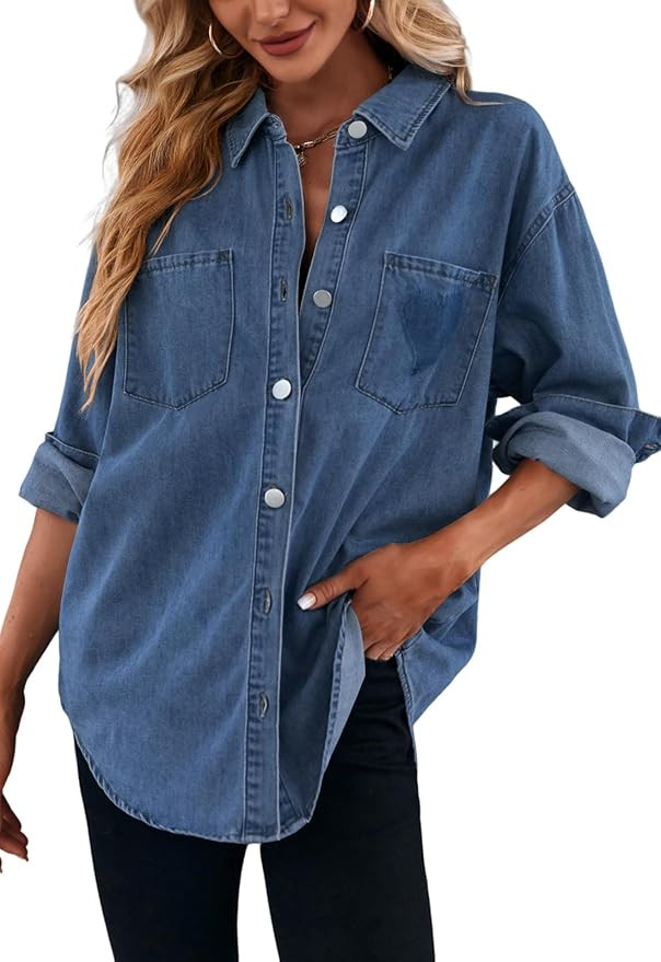 Women's Casual Button Down Denim Shirt Long Sleeve Boyfriend Oversized Jean Jacket with Pockets | Amazon (US)