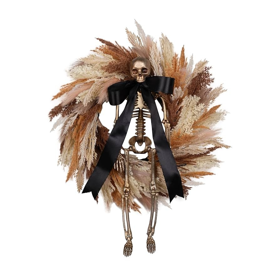 Halloween Wreath for Front Door 24 Inch with Faux Wheat Pampas Grass Gold Skull Skeleton Black Bo... | Amazon (US)