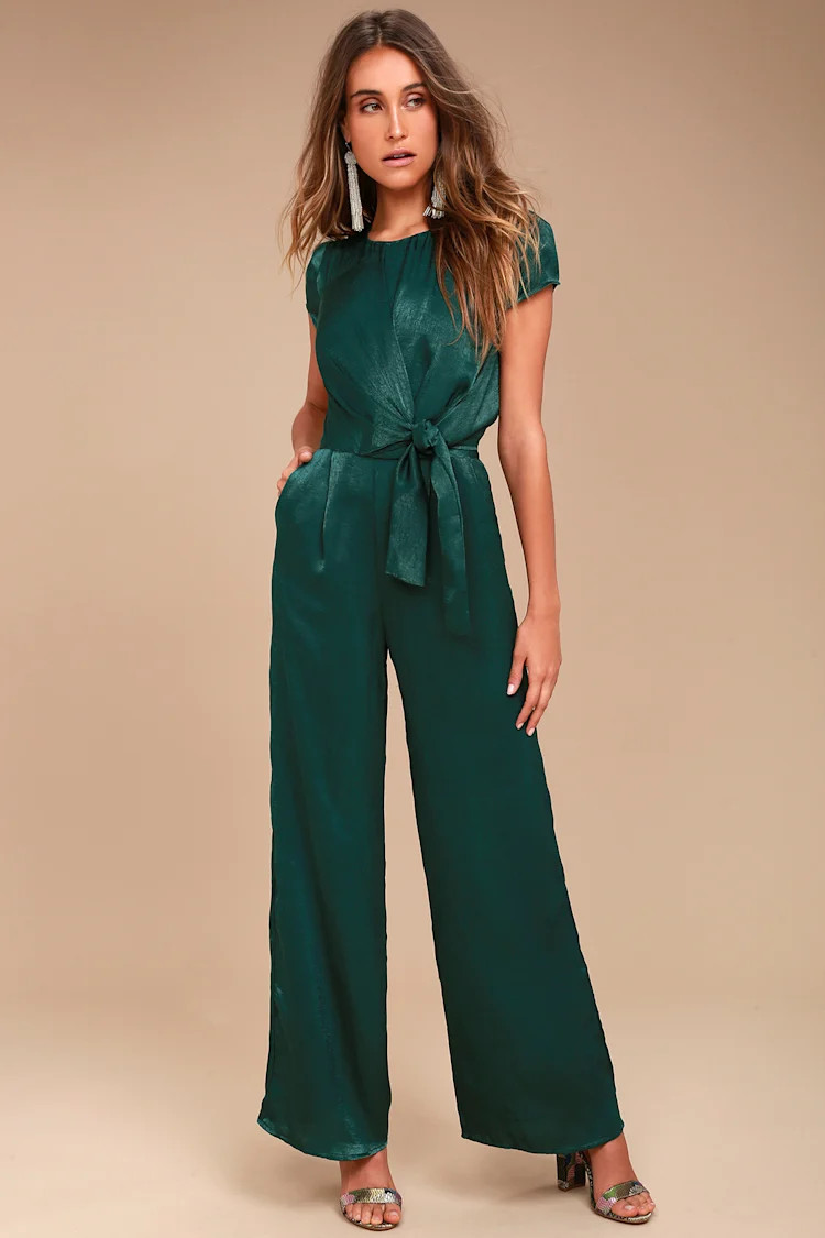Let Me Entertain You Forest Green Satin Wide-Leg Jumpsuit | Lulus
