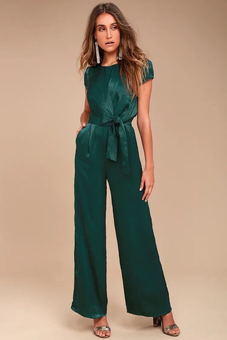 Let Me Entertain You Forest Green Satin Wide-Leg Jumpsuit | Lulus