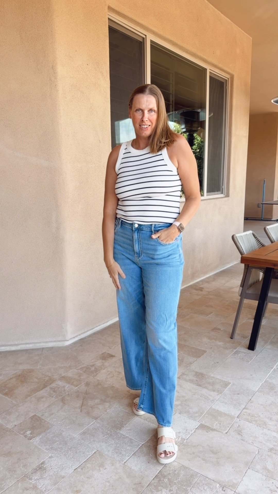 Classic minimalist Spring outfit.
#jeansoutfit

Casual chic look
Everyday style
Minimalistic outfit
Spring jeans 
Straight leg jeans
Striped tank top

#LTKOver40 #LTKootd #LTKSaleAlert