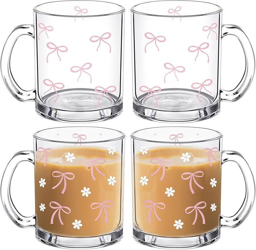 4PCS Pink Coquette Aesthetic Bow Glass Cups with Lids and Straws 12OZ Bow Mugs Bow Party Decorations Pink Bow Iced Coffee Cup Bachelorette Favors for Girls Bestfriend Sister Girlfriend | Amazon (US)