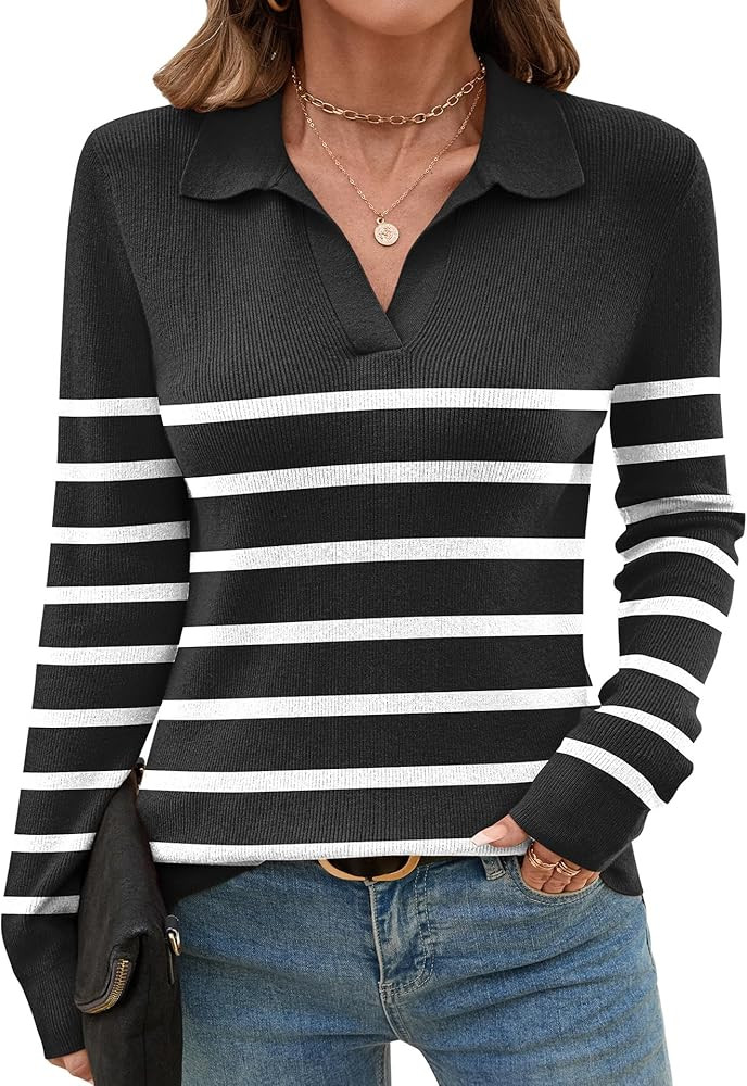 Romanstii Women's Knitted Collared Sweaters Long Sleeve V-Neck Polo Shirts Winter Pullover Tops | Amazon (US)