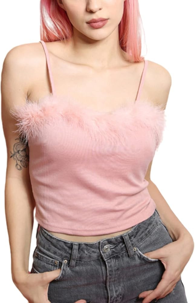 JUMISEE Women Sexy Faux Fur Trim Spaghetti Strap Crop Camisole Cami Vest Tank Top | Amazon (US)