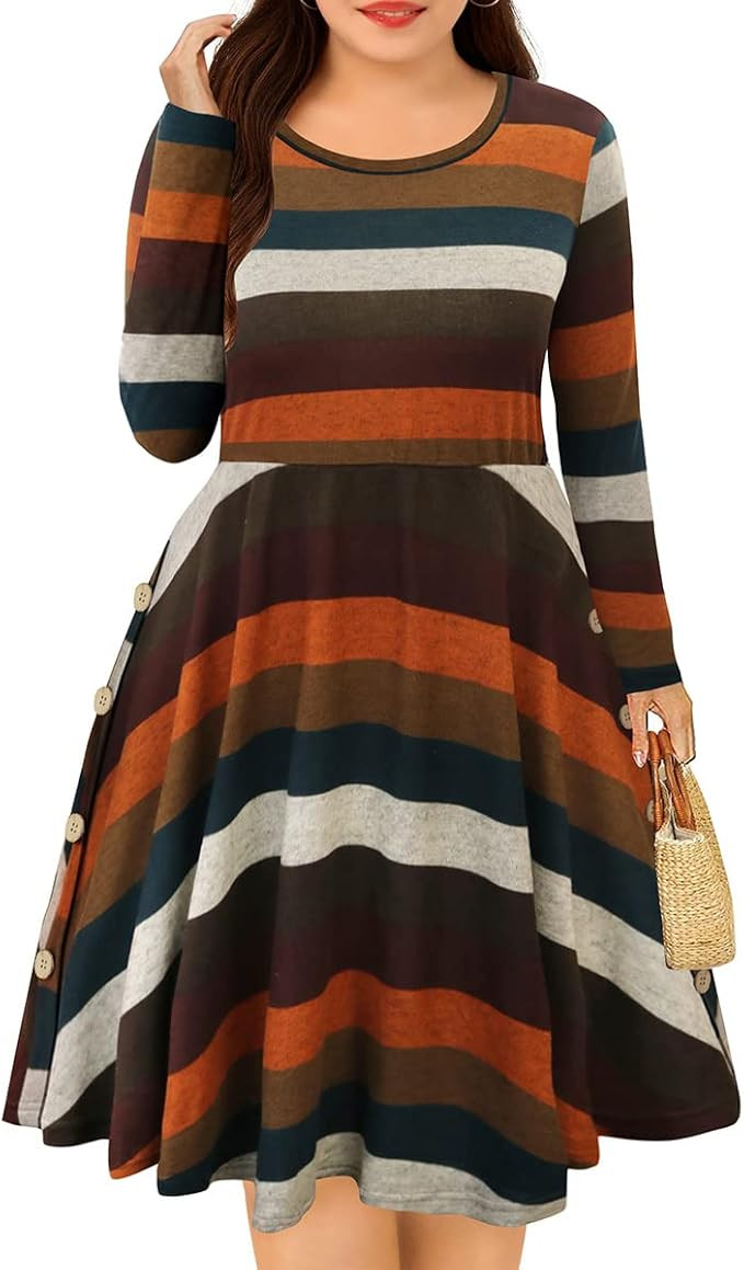 CARCOS Plus Size Dresses for Curvy Women Crew/Vneck Long Sleeve Dresses Ladies Knee Long Fall Win... | Amazon (US)