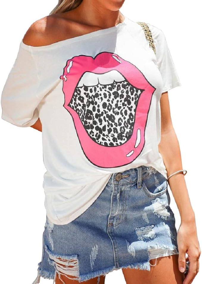 INFITTY Womens Lips Leopard Tongue Funny Printed T Shirt Short Sleeve Crewneck Graphic Tees Tops ... | Amazon (US)