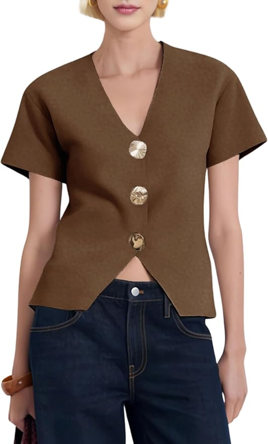 Daacee Women’s Short Sleeve Cardigan Sweaters Trendy V Neck Snap Gold Buttons Structured Croppe... | Amazon (US)