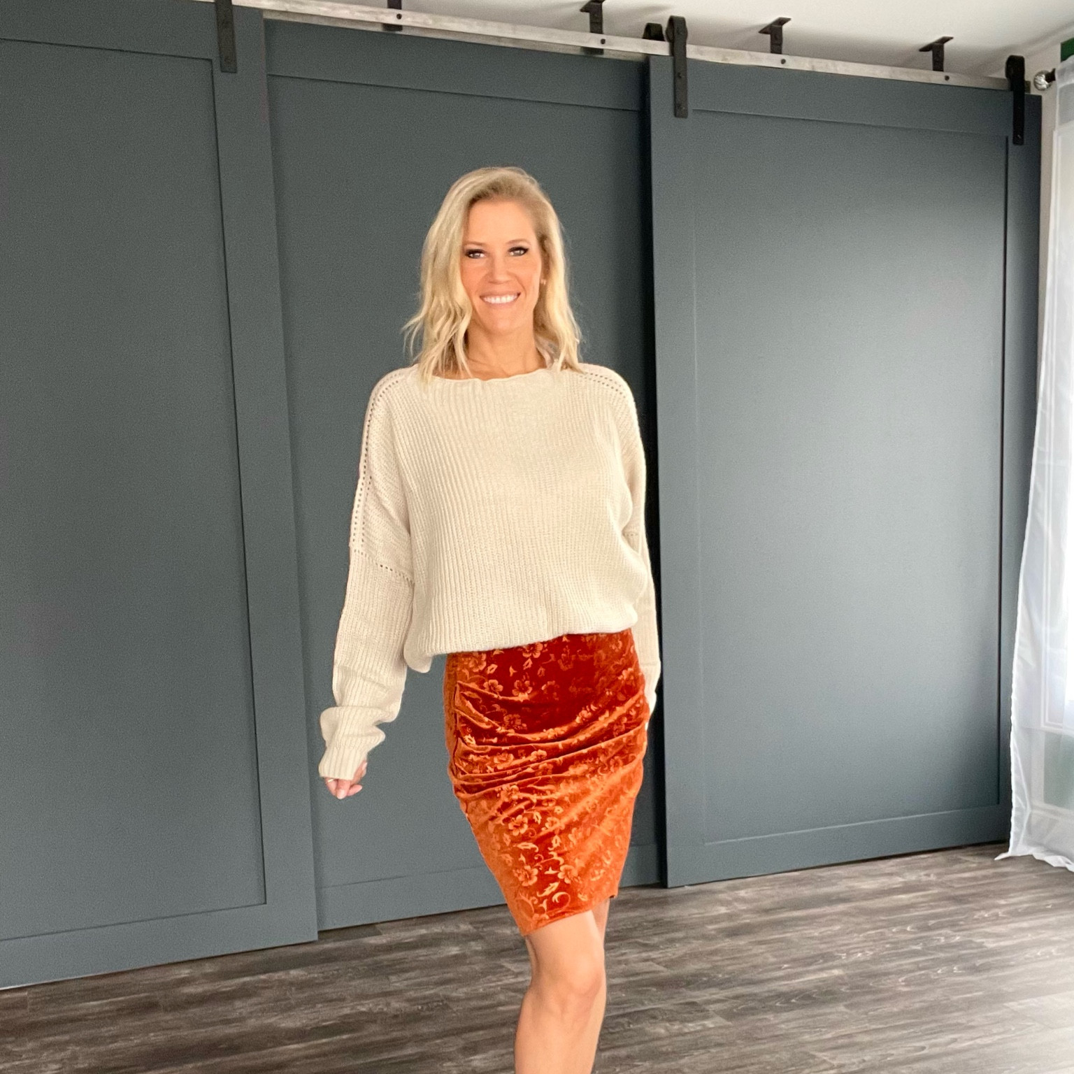 The perfect outfit for family photos or a holiday party! This velvet skirt is very comfortable because it has a bit of stretch. Multiple colors available. The sweater is very versatile, as you can dress it up or down with a pair of leggings or jeans! 
Fall Fashion. Elevated Style.

#LTKover40 #LTKstyletip #LTKfindsunder50
