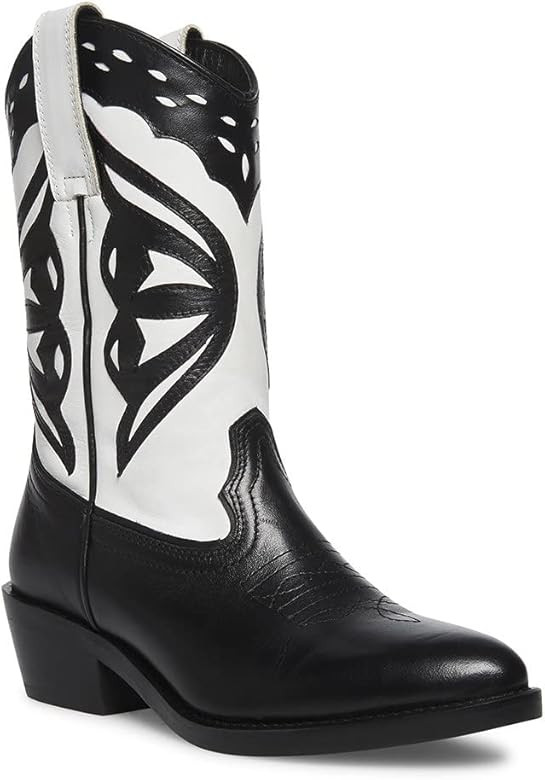 Steve Madden Laredo-M Western Cowboy Stacked Block Heel Boots Black/White | Amazon (US)