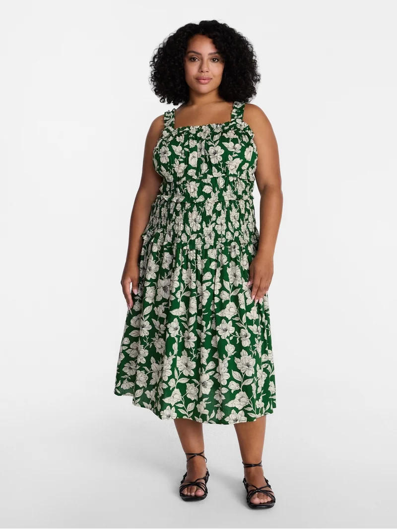Time and Tru Women's and Women's Plus Sleeveless Smocked Peasant Midi Dress, Sizes XS-4X | Walmart (US)