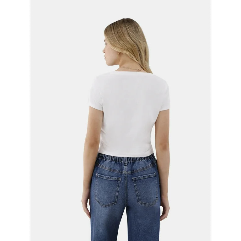 No Boundaries Cropped V-Neck Tee with Short Sleeves, Women’s - Walmart.com | Walmart (US)