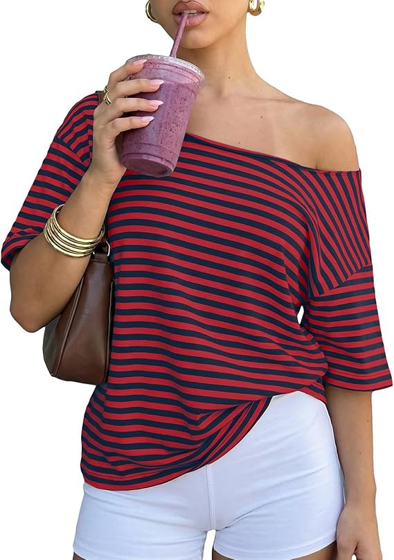 Cioatin Women Oversized Off Shoulder Striped Tee Tops Y2K Aesthetic Clean Fit Short Sleeve Tshirt... | Amazon (US)
