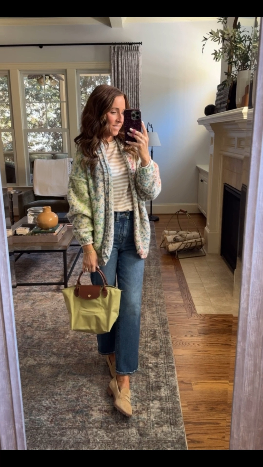 Today’s outfit. What I’m wearing. Monday style. Outfit of the day. Confetti cardigan sweater. Longchamp bag. 
Sweater S. Tee XS. Jeans down 1 size

#LTKootd #LTKSeasonal #LTKPetite