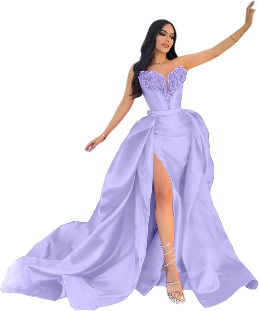 zcbang Satin Prom Dresses for Women 2026 Beaded Strapless Mermaid Formal Evening Party Gowns with... | Amazon (US)