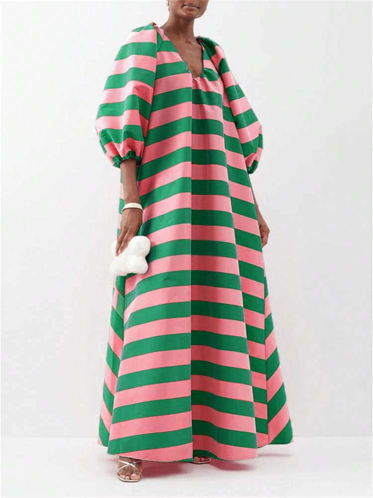 Romantic Striped Maxi Dress For Women - Plunging V-Neck With Three-Quarter Bell Sleeves, Loose Fit Beach Dress For Valentine's Dates/Birthday Vacations (Breathable Rayon Blend) | SHEIN