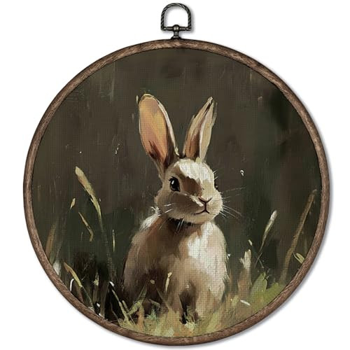 GWFSJYU Vintage Easter Bunny Framed Wall Art, Spring Bunny Rabbit Round Canvas Prints Wall Art, Bunny Gifts for Bunny Lovers, Rustic Cottagecore Wall Hanging Decor for Bedroom Living Room, 10x10 Inch | Amazon (US)