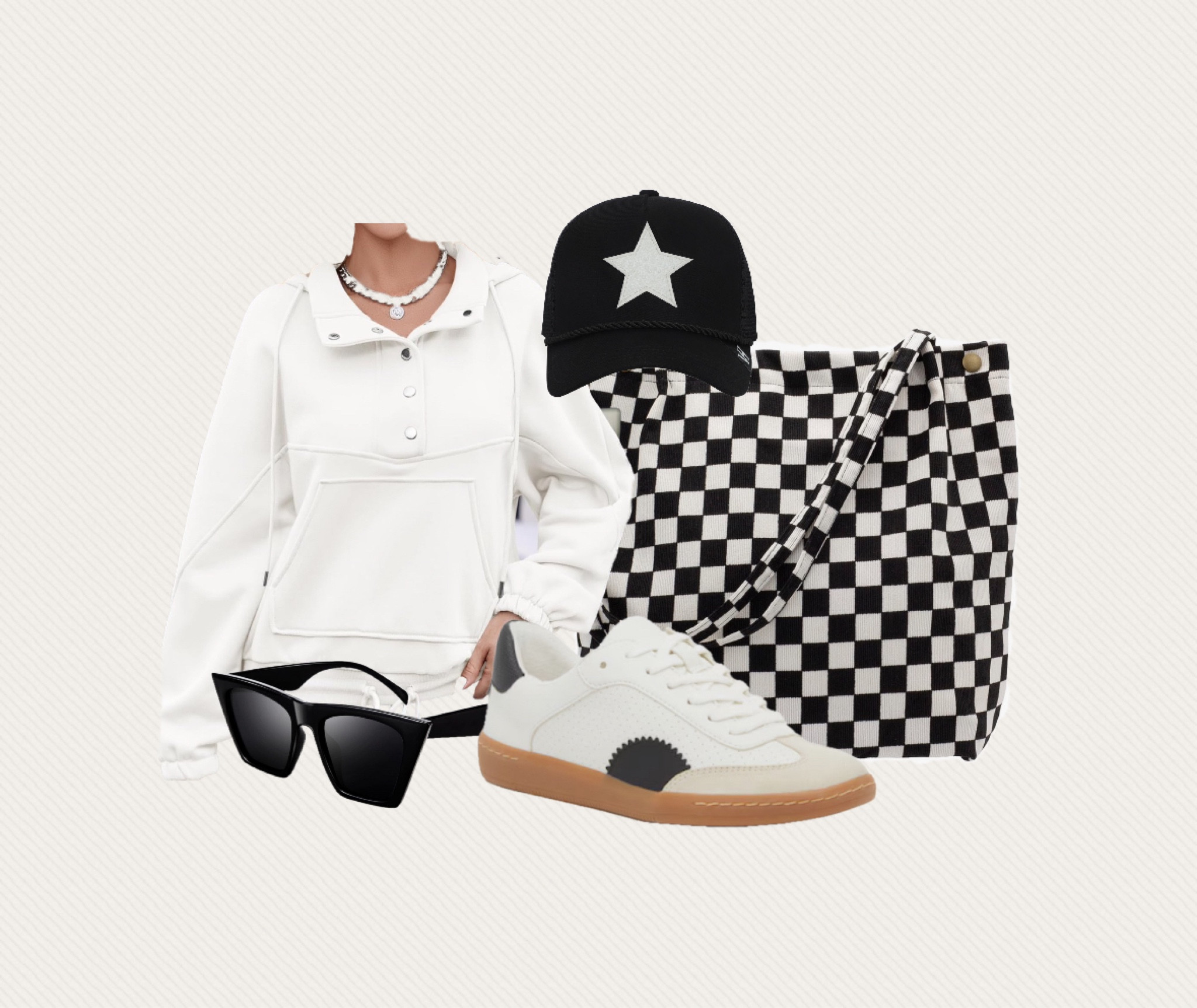 Casual 'fit all off Amazon aside from the sneakers which are DSW. 

#amazonfashionfinds #truckerhat #whitesweatshirt #whitehenley #checkeredbag #blackandwhite 