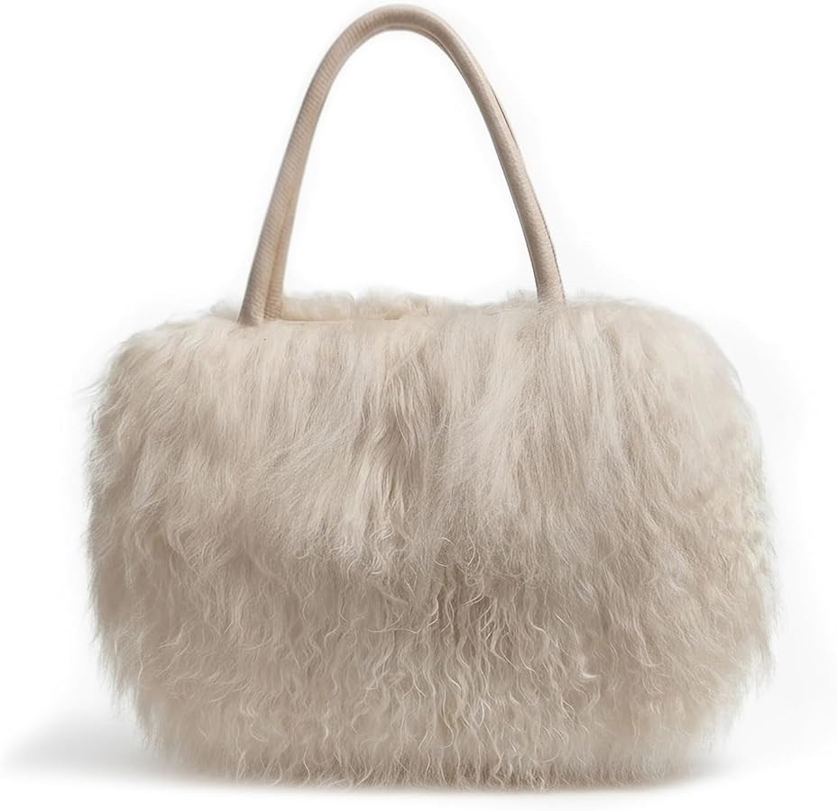 Women Luxury Real Lamb Mongolian Flush Wool Fur With Genuine Leather Handles Handbag | Amazon (US)