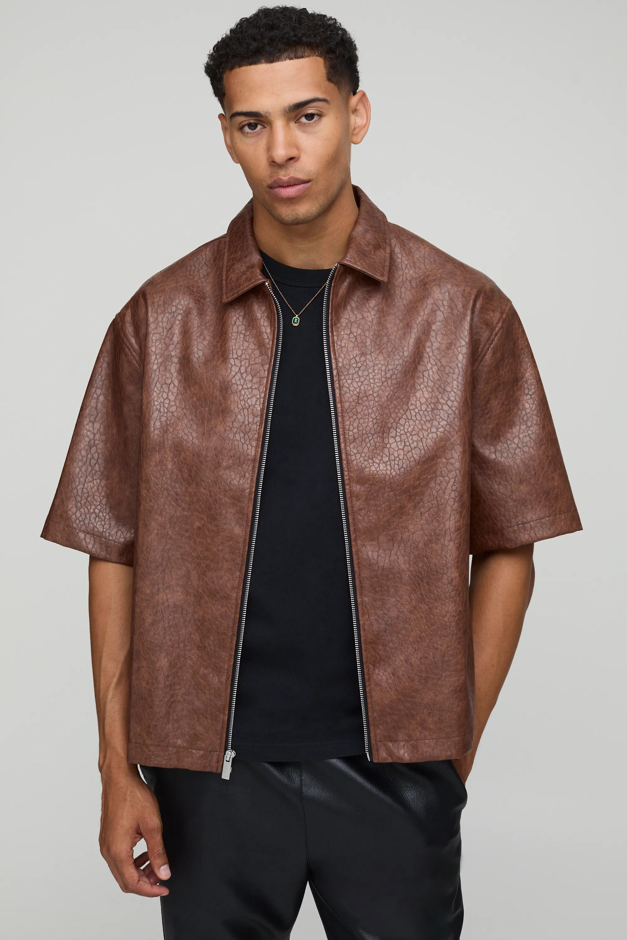 Shirts | Short Sleeve Tumbled PU Collared Boxy Shirt | boohooMAN | boohoo (US & Canada)