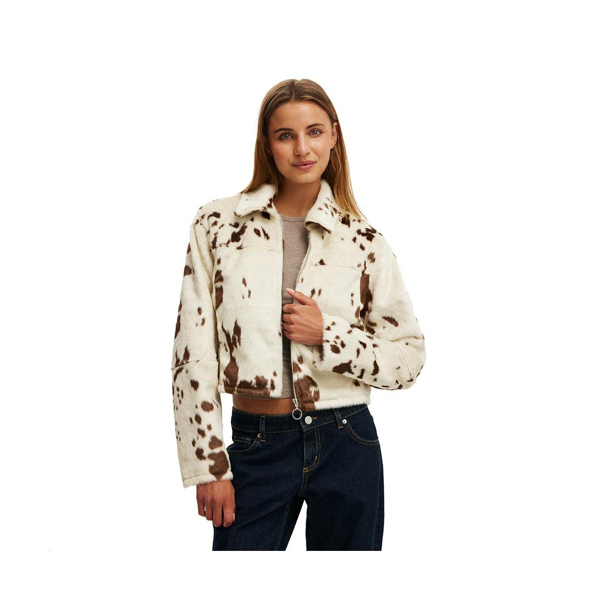 Cotton On Women's Cow Faux Fur Jacket - Brown | Macy's