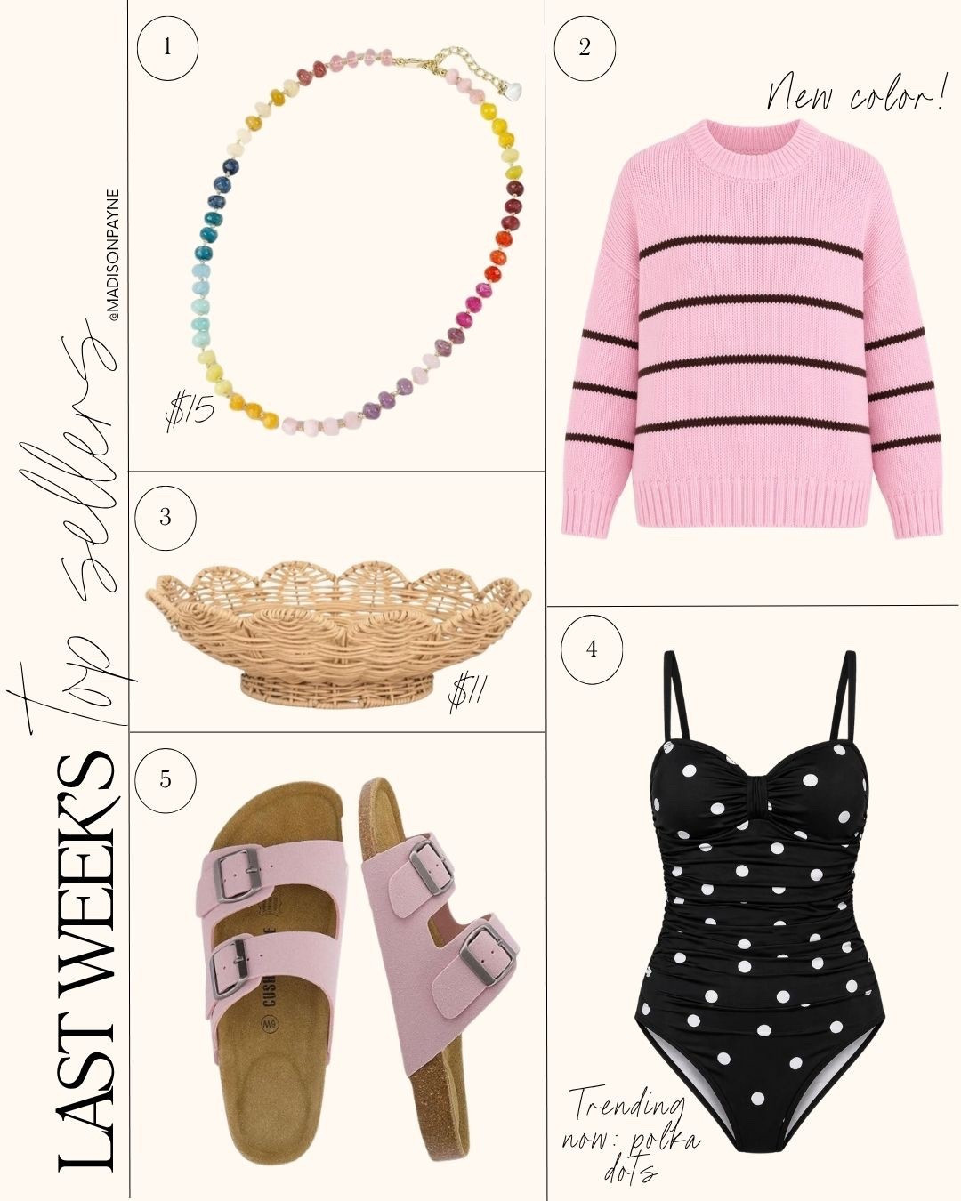 Last week’s best sellers are sure to get you summer ready ☀️ from a beaded necklace and polka dot swimsuit (polka dots are everywhere this season!) to a resin bowl that looks like rattan and would be perfect for a backyard summer party 👙⛱️

Best sellers, beaded necklace, quince, quince sweater, rattan bowl, rattan basket, sandals, swimsuit, polka dot swimsuit, polka dots, summer outfits, summer party, backyard bbq, Madison Payne 

#LTKSwim #LTKSeasonal #LTKootd