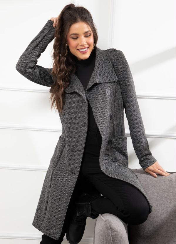 Quintess - Casaco Xadrez Cinza Alongado com Bolsos | Posthaus (BR)