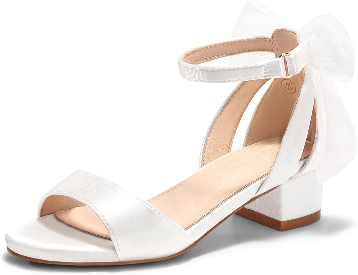 Coutgo Girls Dress Shoes Sandals Chunky Low Heels Bow Ankle Strap Flower Girl Wedding Party Shoes | Amazon (US)