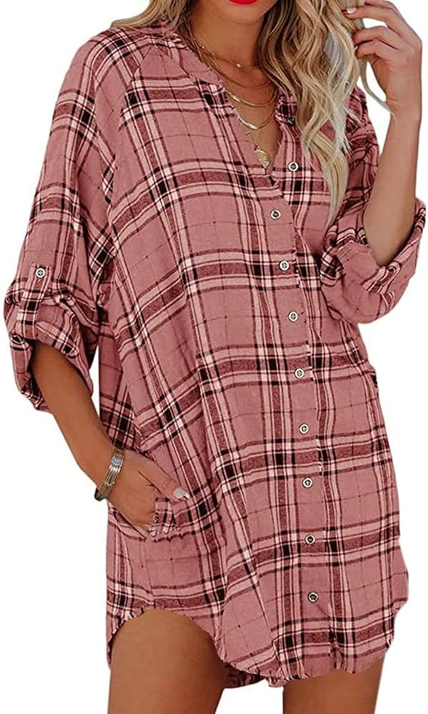 Plaid Shirts for Women Button Down Oversized Tops Long Sleeve V Neck Blouses Lightweight Loose Fi... | Amazon (US)