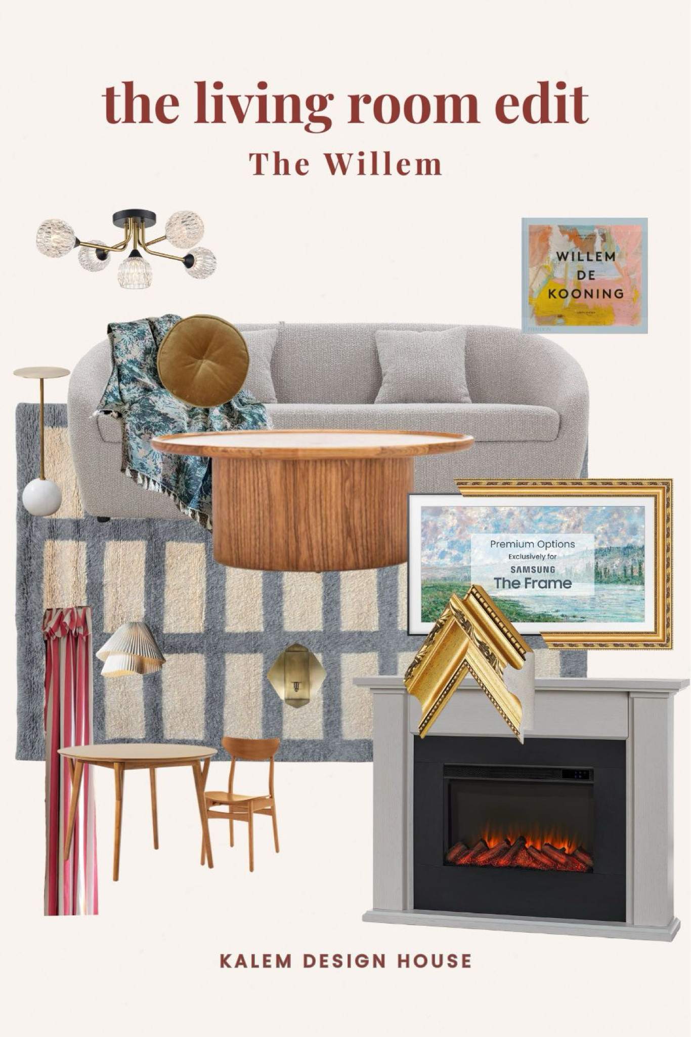 The Willem apartment living room. Small living in a rental apartment. Bold and colorful, maximalism. Striped curtains, blue rug, electric fireplace, with a framed tv. 

#LTKFindsUnder100 #LTKHome